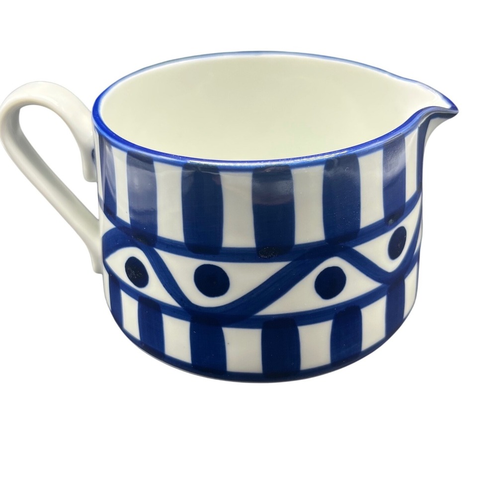 Dansk Arabesque Abstract Blue Dots Bars Stripes White Gravy Boat‎ /Pitcher